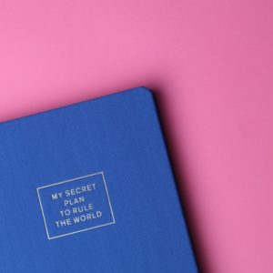 blue journal on a pink background with tips about writing a compelling resume