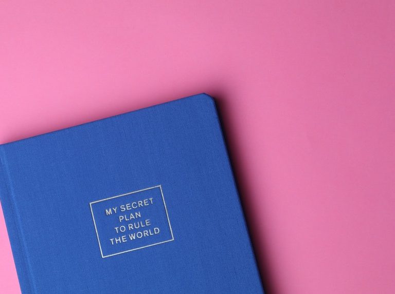 blue journal on a pink background with tips about writing a compelling resume