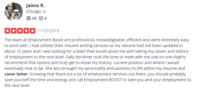 Employment Boost client review on Yelp