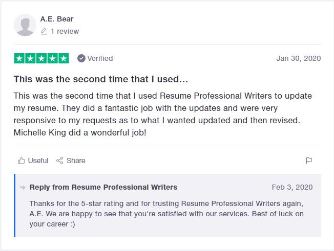 Best Resume Service in California - Screenshot of Resume Professional Writers Trustpilot Review