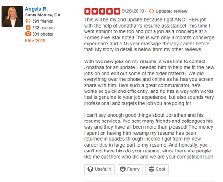 Best Resume Service in California – Screenshot of Resume Advisor Yelp Review
