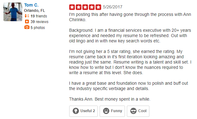 Screenshot of Yelp review of Capstone Resume Services for the best executive resume writing services