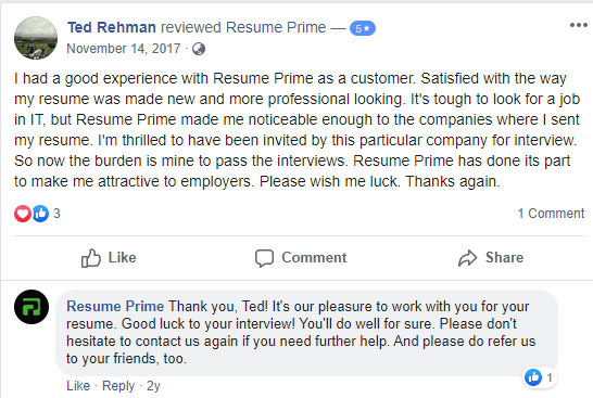 Screenshot of Facebook review of Resume Prime for the best executive resume writing services