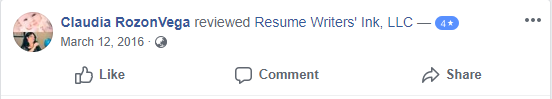 Screenshot of Facebook review of Resume Writer's Ink LLC for the best executive resume writing services