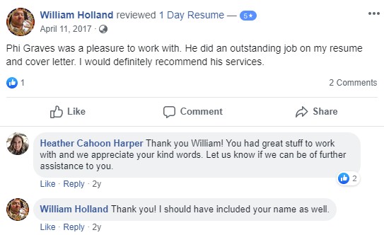  Facebook review from 1Day Resume client 