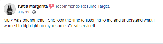 Screenshot of a client review on facebook about the medical resume services of Resume Target