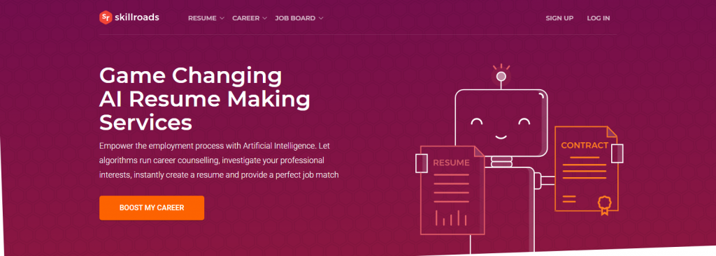 Screenshot of skillroads logo with a robot holding contract and resume for one of the best medical resume writing services