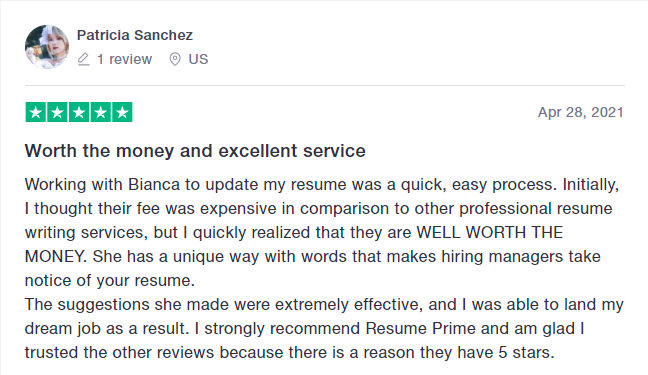 Trustpilot review of Resume Prime's satisfied customer