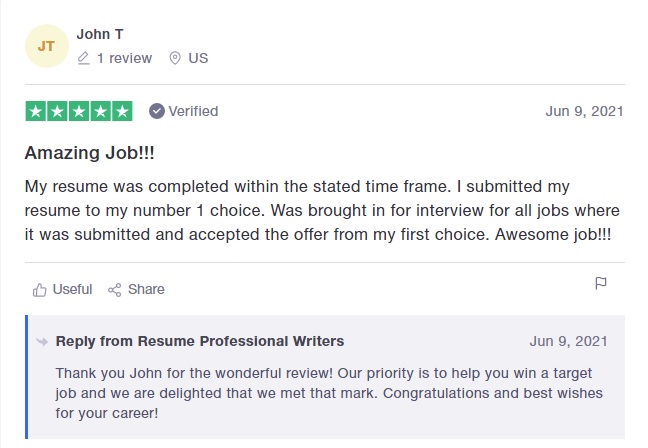10 Best Resume Writers - screenshot of Resume Professional Writers' Trustpilot Review