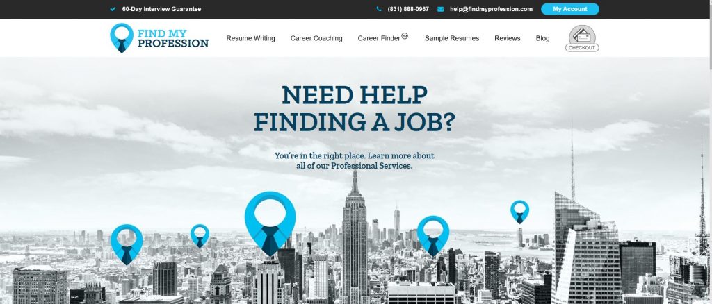Find My Profession's hero section with buildings and tabs for their services
