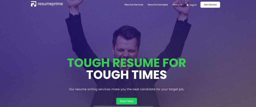 Resume Prime homepage with a tagline tough resume for tough times and a man raising his two arms