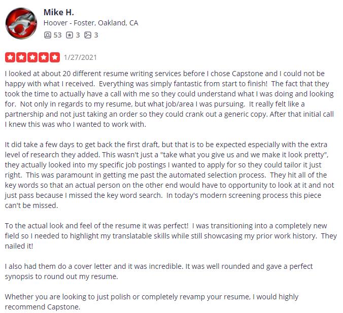 Yelp review for Capstone Resume Services