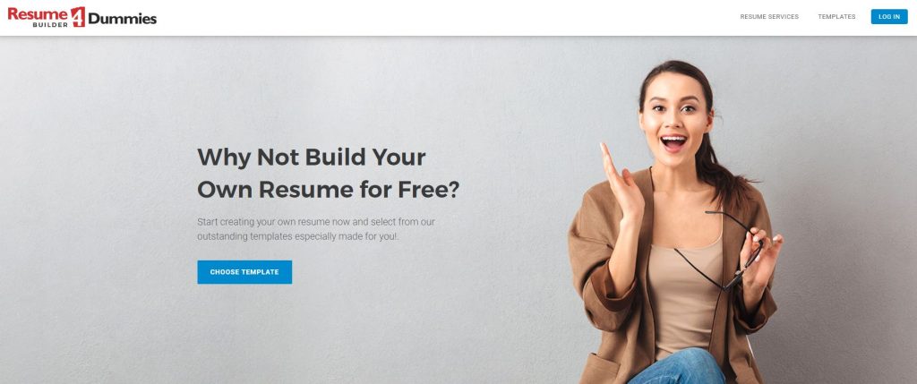 Resume4Dummies' Resume Builder, with the hero section of the homepage showing a happy job seeker