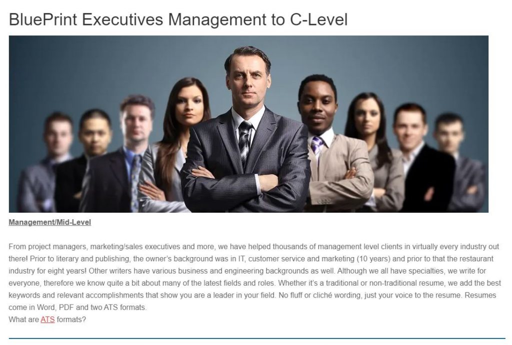 screenshot of BluePrint Executives' Resume Services page for Management and Mid-level job seekers