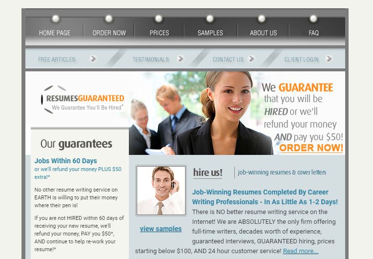 screenshot of Resumes Guaranteed's homepage