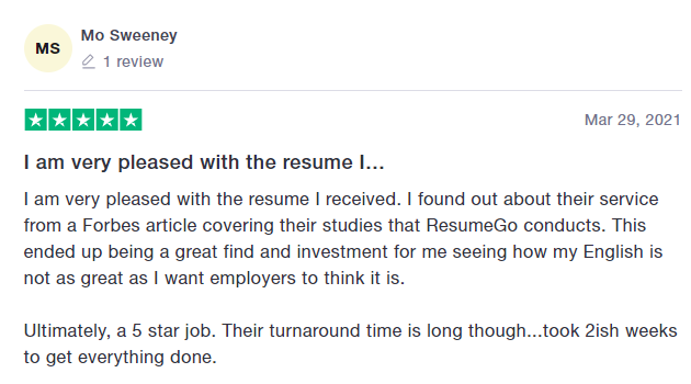 Resume Go client reviews from Trustpilot