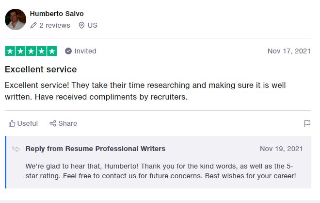 Trustpilot CV writing services review for Resume Professional Writers
