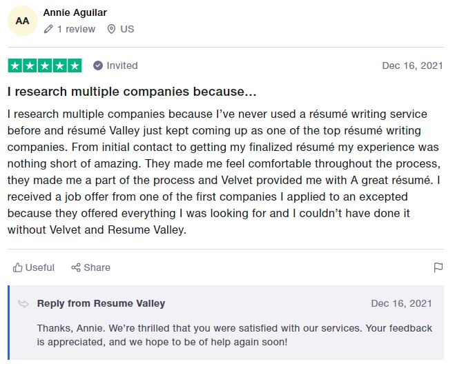 Trustpilot CV writing services review for Resume Valley