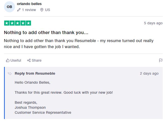 Trustpilot CV writing services review for Resumeble