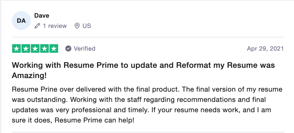 Client review of Dave to Resume Prime for outstanding resume writing services in Arizona