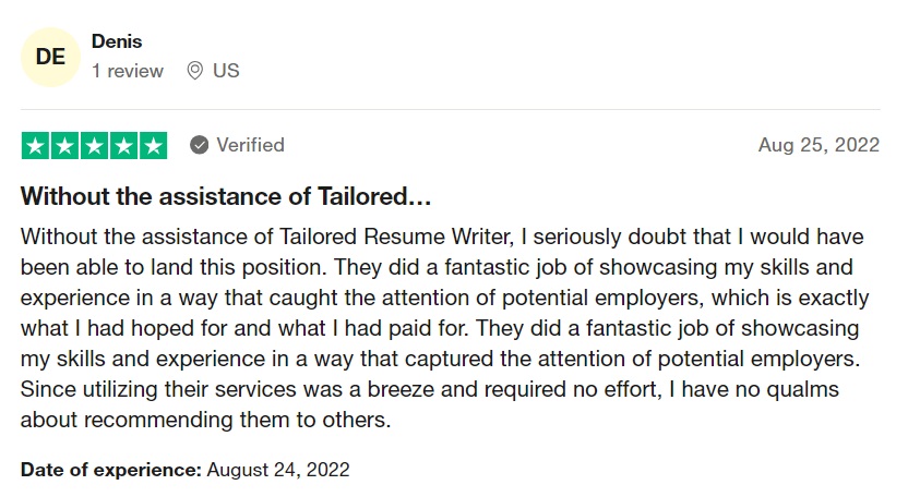 Trustpilot review of Tailored Resume