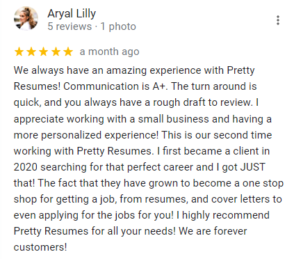 Google review of Pretty Resumes as one of best resume writing services in Georgia