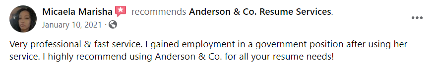 Anderson & Co. Resume Services Facebook review of their resume writing services in Colombus Ohio