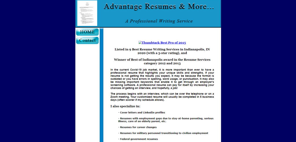 homepage of Advantage Resumes