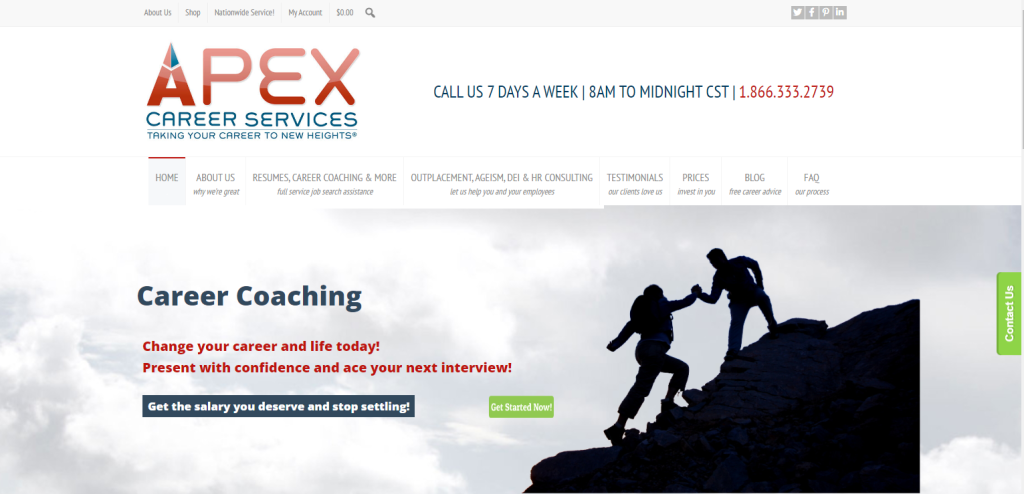 Apex Career Services homepage as one of the resume writing services in Kansas City