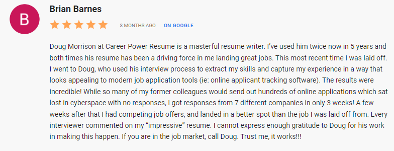 Google review of Career Power Resume
