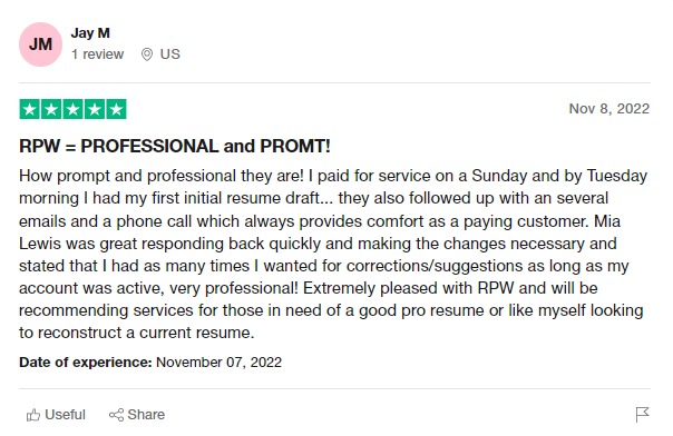 Resume Professional Writers client review as one of the best resume services in New York from a Trustpilot review