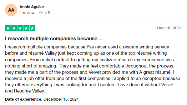 10 Best Resume Writers - screenshot of Resume Valley's Trustpilot Review