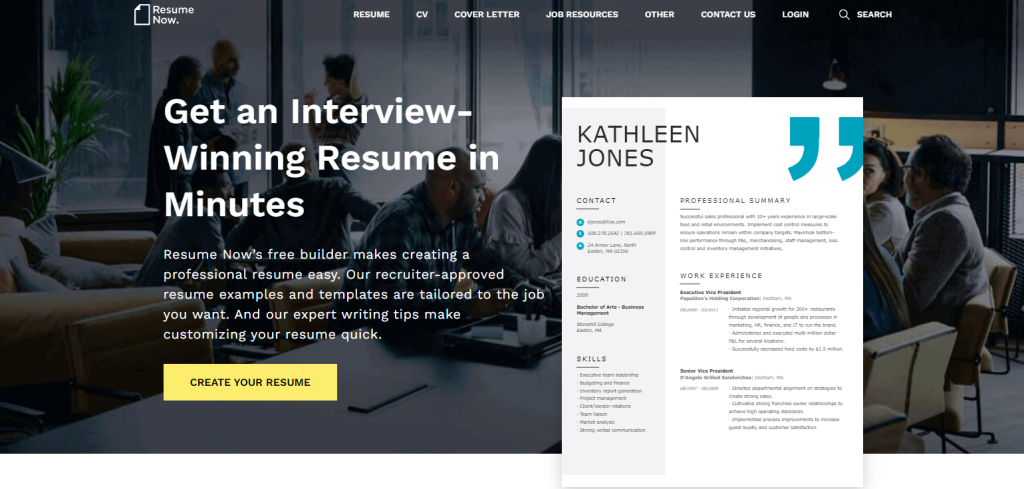 homepage of Resume Now