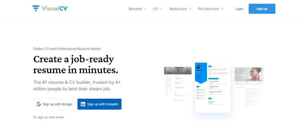 homepage of Visual CV