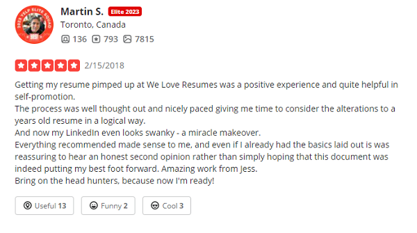We Love Resumes Yelp reviews