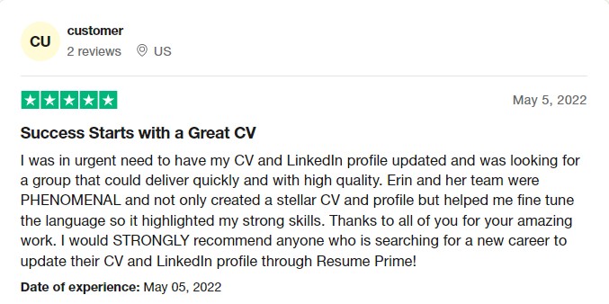 resume prime trustpilot review from satisfied client availed an executive CV 