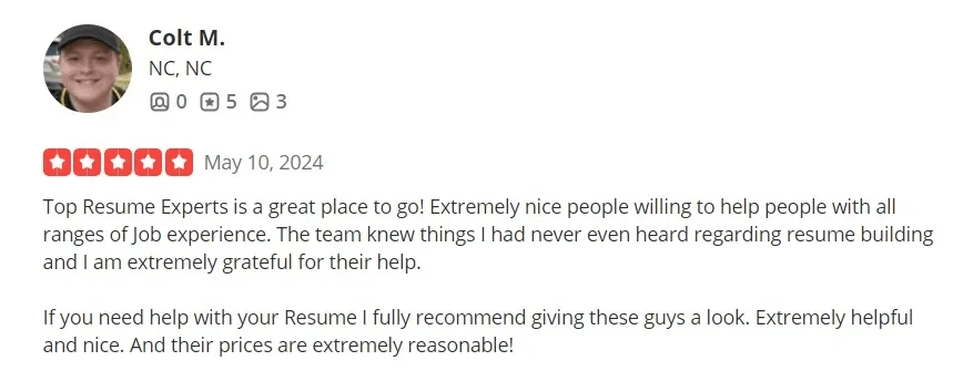 Yelp review of Top Resume Experts