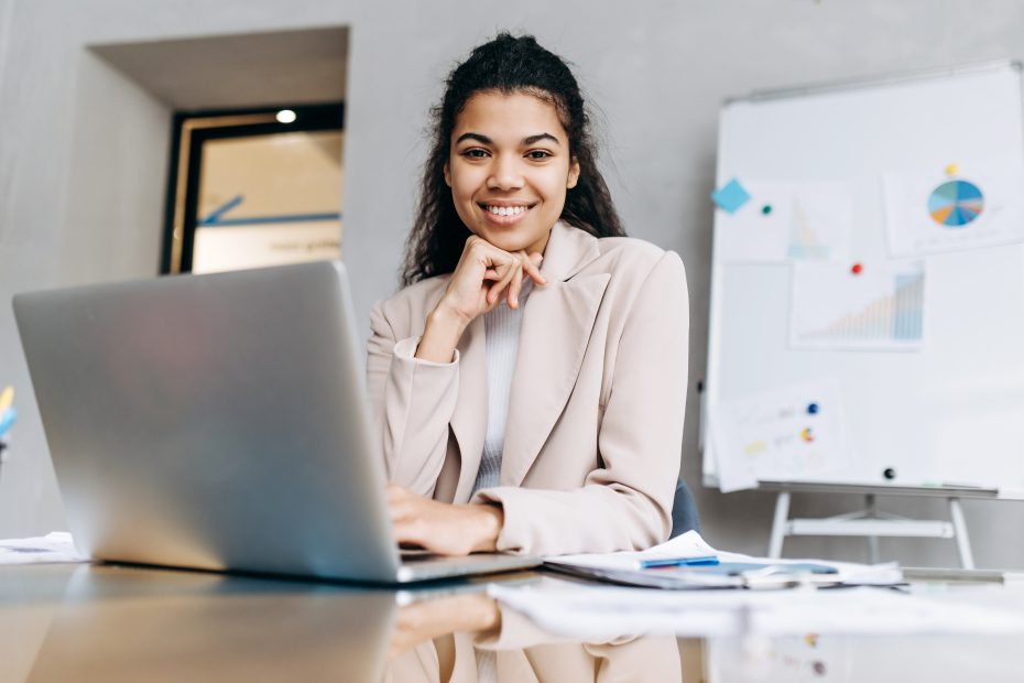 a female employee working confidently