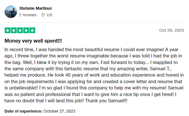 RPW trustpilot review as one of the best resume writing services in milwaukee