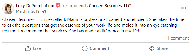 facebook review of Chosen Resumes as one of the best resume writing services in michigan