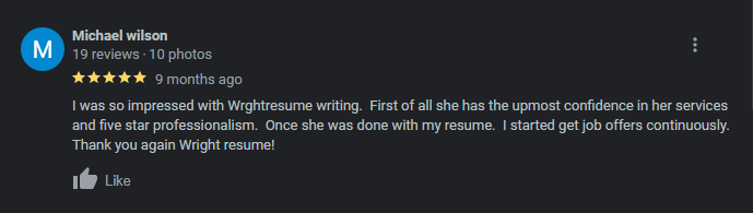 google review of Resume Wright'ing & Consulting Services as one of the best resume writing services in michigan