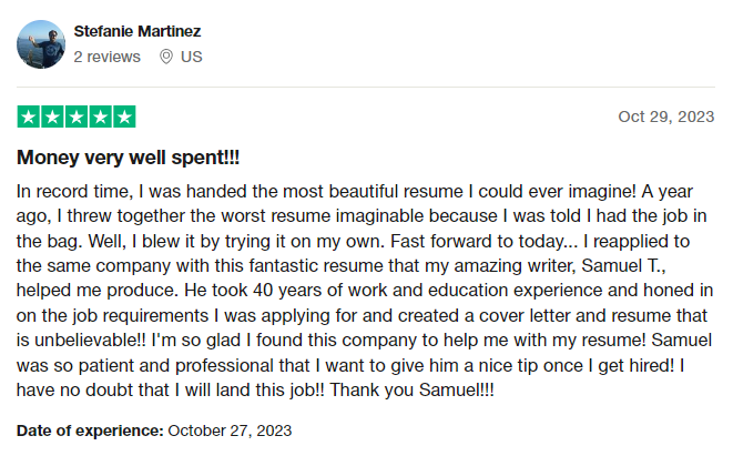 trustpilot review of RPW as one of the best resume writing services in michigan