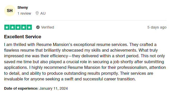 Trustpilot review of Resume Mansion as one of the best resume writing services in Louisville