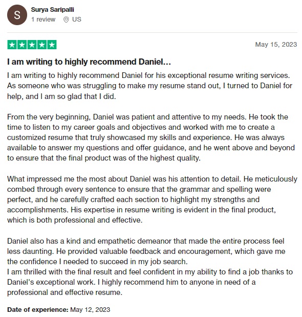 trustpilot review of craftresumes listed as one of the best CV writing services
