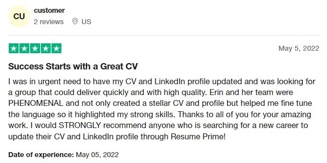 trustpilot review of resume prime listed as one of the best CV writing services