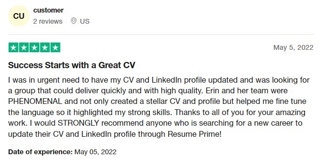 trustpilot review of resume prime listed as one of the best resume writing services in san diego