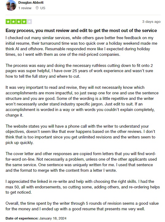 trustpilot review of resumeble listed as one of the best CV writing services
