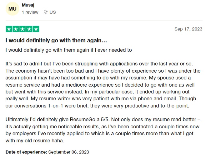 trustpilot review of resume go listed as one of the best resume writers