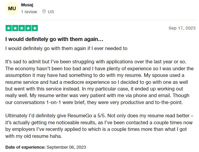 trustpilot review of resumego listed as one of the top resume writing