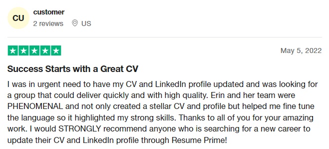 trustpilot review of Resume Prime as one of the best CFO resume writing services